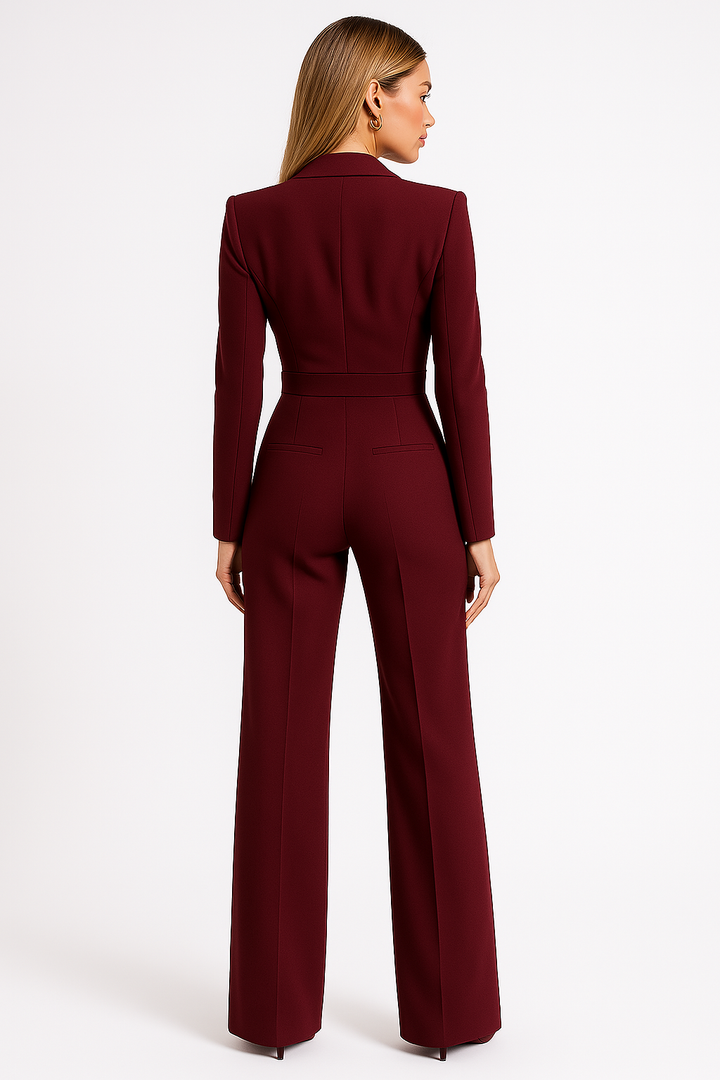 Kvinnors Elegant V-ringad Jumpsuit Vid Ben Skräddarsydd Passform Lång Ärmar Kvällsoutfit