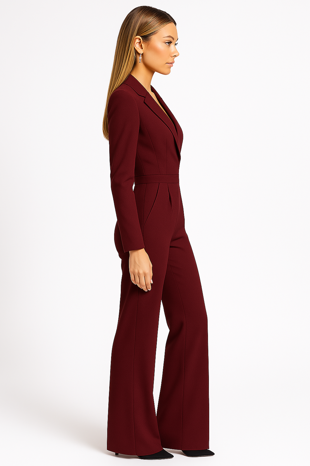 Kvinnors Elegant V-ringad Jumpsuit Vid Ben Skräddarsydd Passform Lång Ärmar Kvällsoutfit