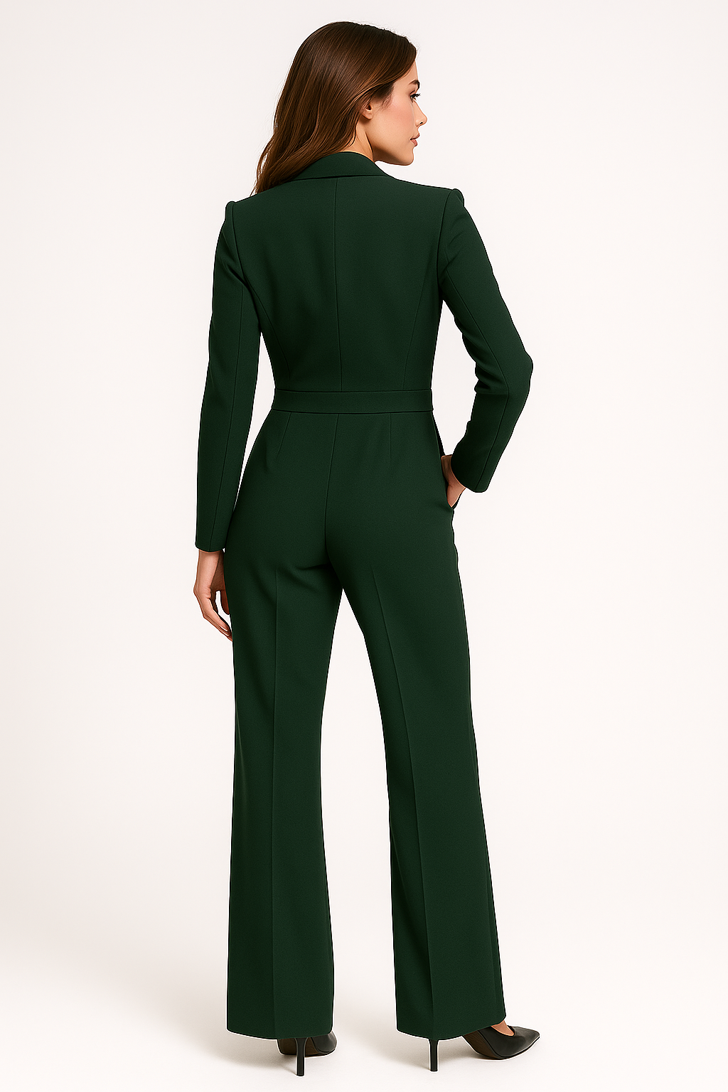 Kvinnors Elegant V-ringad Jumpsuit Vid Ben Skräddarsydd Passform Lång Ärmar Kvällsoutfit