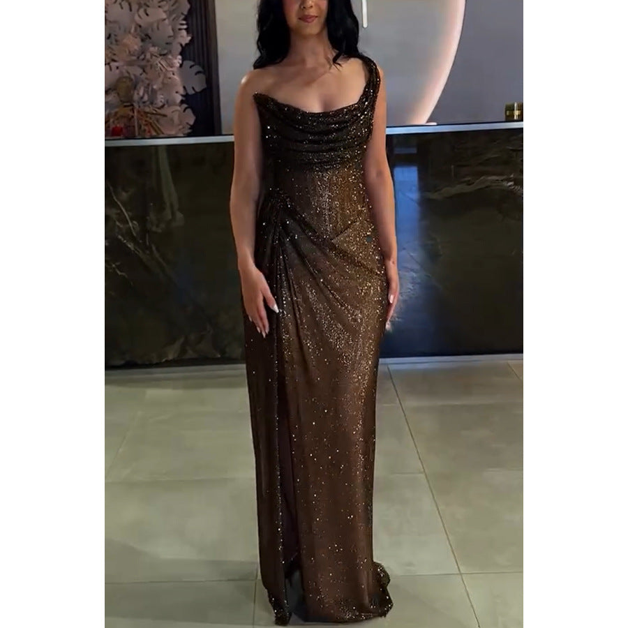 Kvinnors Draperad Metallisk Maxi Klänning Elegant Kvällsklänning med Slits