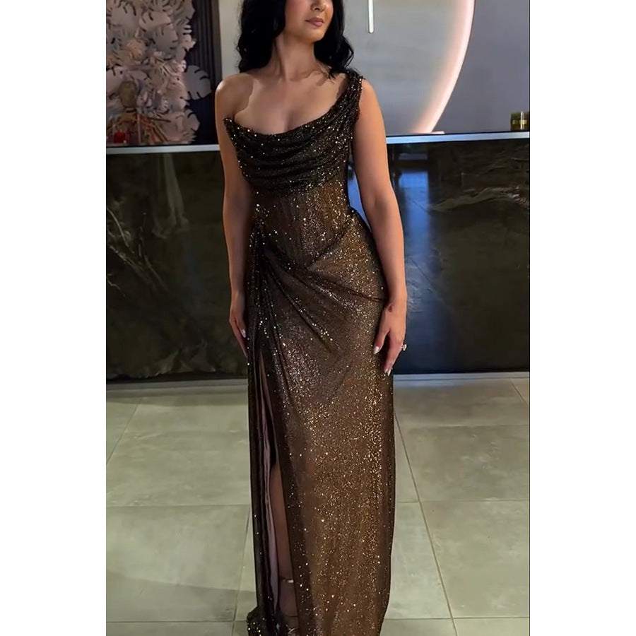 Kvinnors Draperad Metallisk Maxi Klänning Elegant Kvällsklänning med Slits