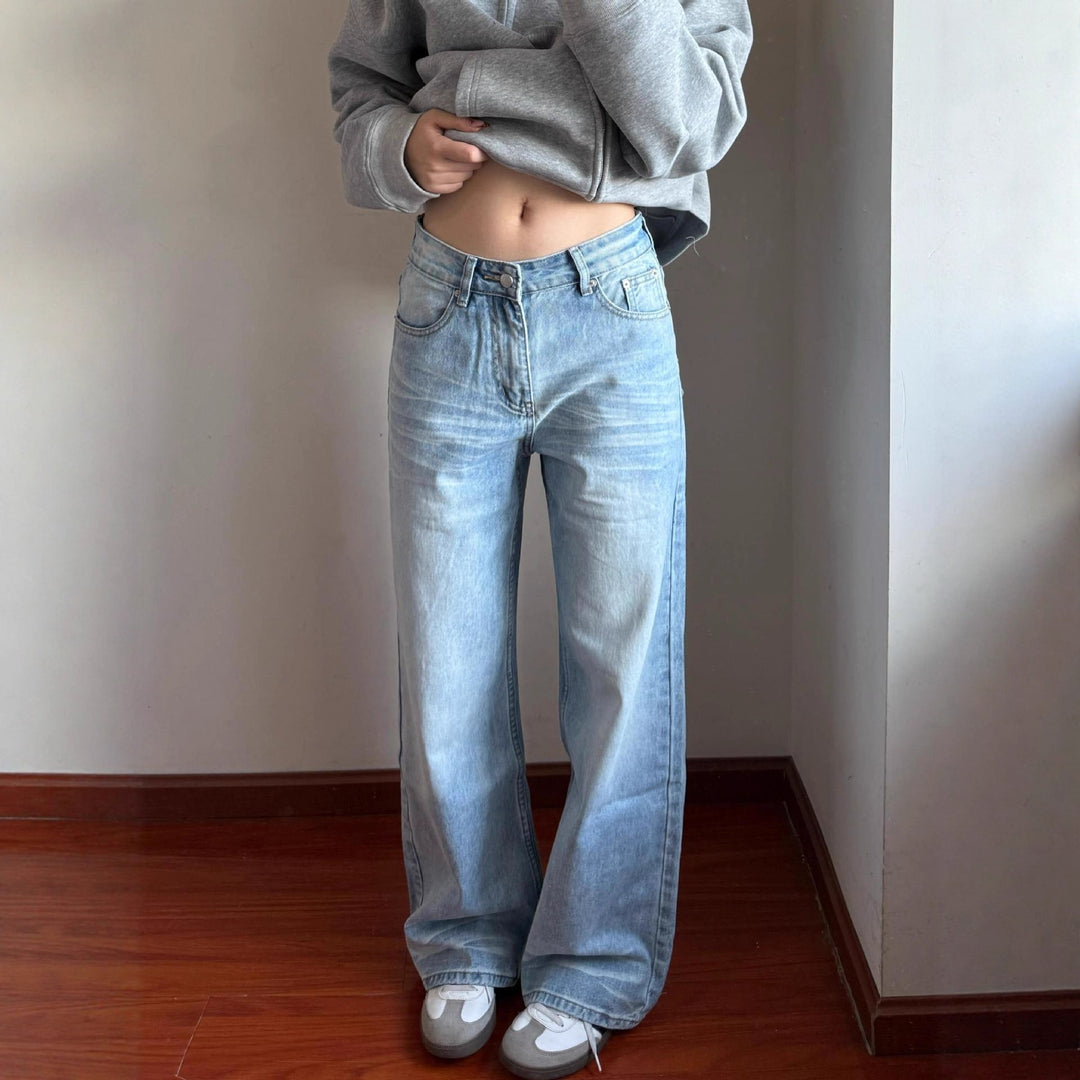 Kvinnors Högmidjade Tvättade Raka Ben Golvlånga Jeans