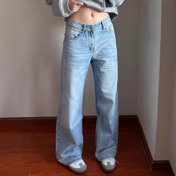 Kvinnors Högmidjade Tvättade Raka Ben Golvlånga Jeans
