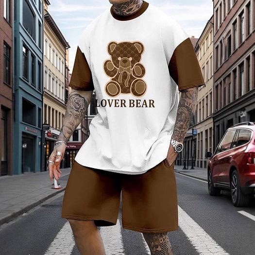 Herrens Tryckta Oversized T-shirt och Avslappnade Shorts Set