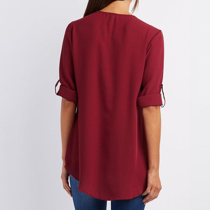 Kvinnors Zip-Neck Avslappnad Blus – Roll-Tab Ärmar för Vardagsbruk