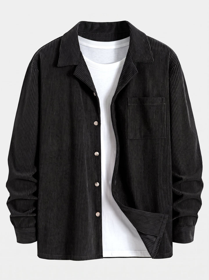 Mäns Cuban Collar Corduroy Set – Långärmad Skjorta och Raka Byxor för Avslappnad Stil i Kyligt Väder