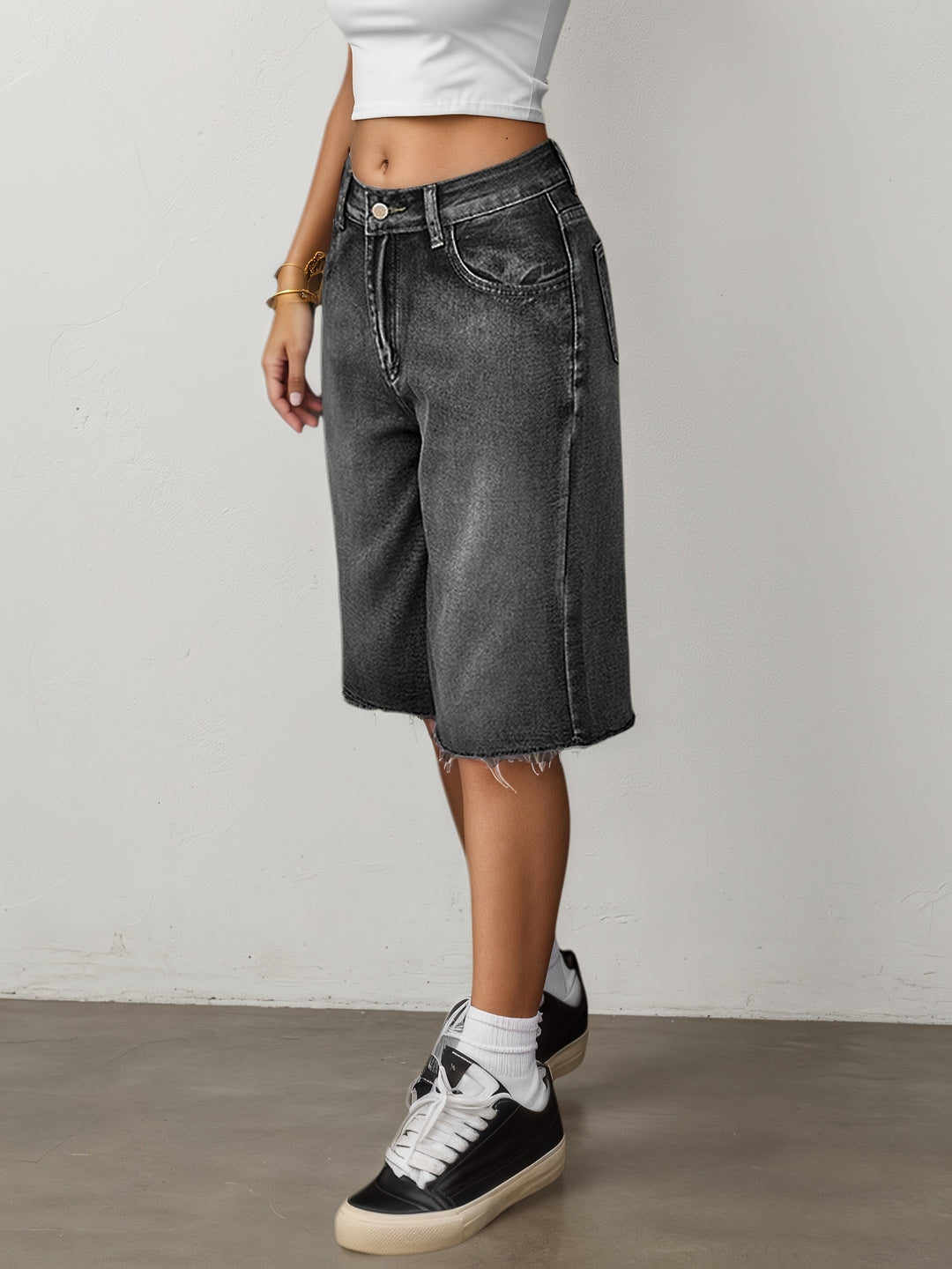 Kvinnors Denim Jorts Avslappnad Passform Hög Midja Vid Ben Knälängd Casual Shorts