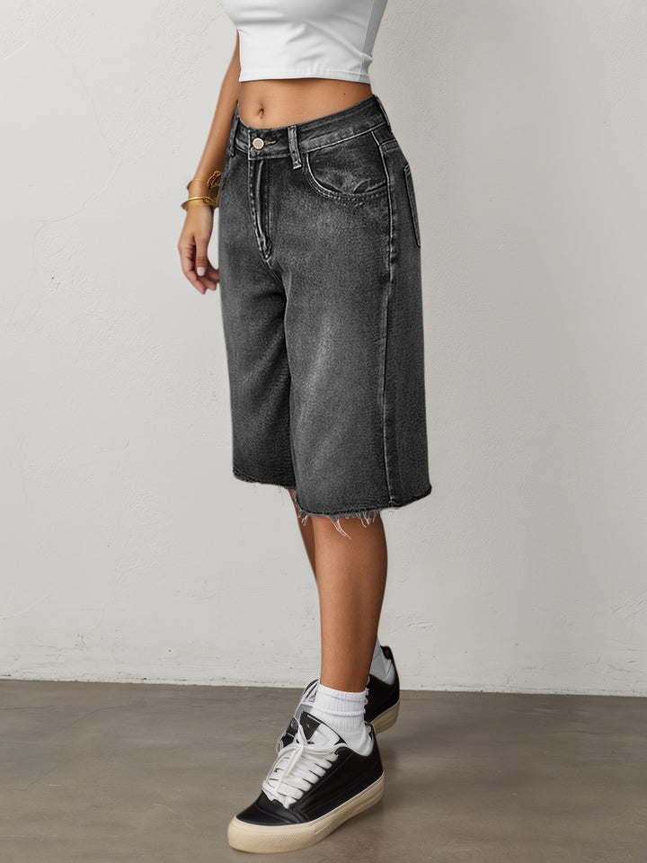 Kvinnors Denim Jorts Avslappnad Passform Hög Midja Vid Ben Knälängd Casual Shorts
