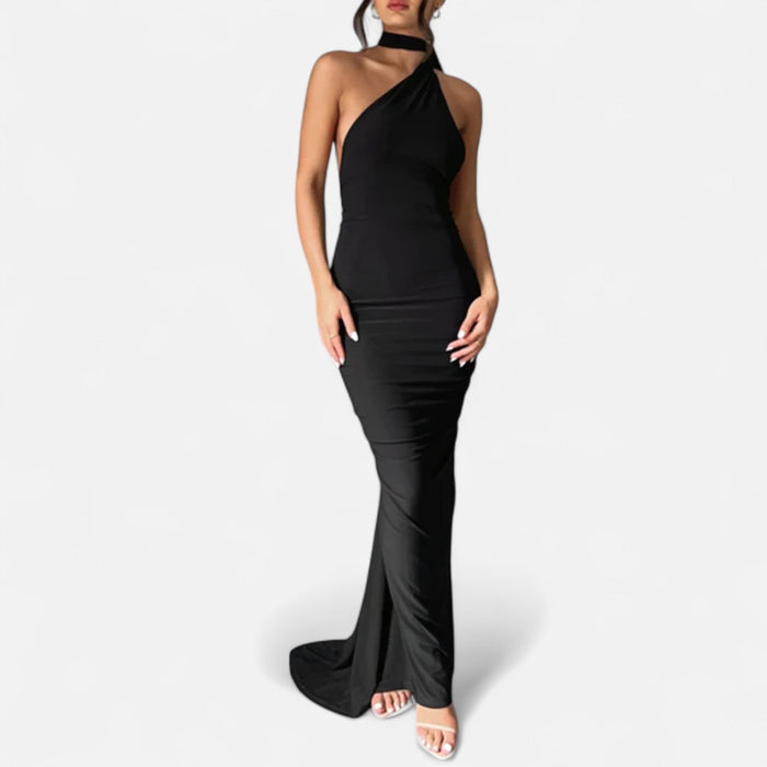 Kvinnors Enaxlad Halterneck Maxi Klänning – Fitted Gown för Kvällsevenemang