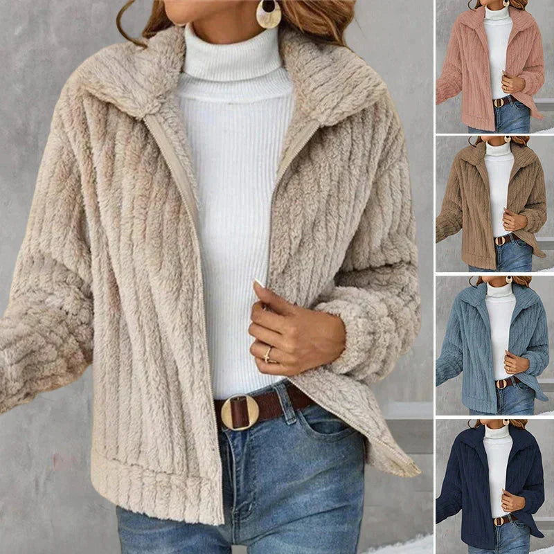Kvinnors Plysch Zip-Up Fleecejacka – Mjuk Avslappnad Lager för Höst och Vinter