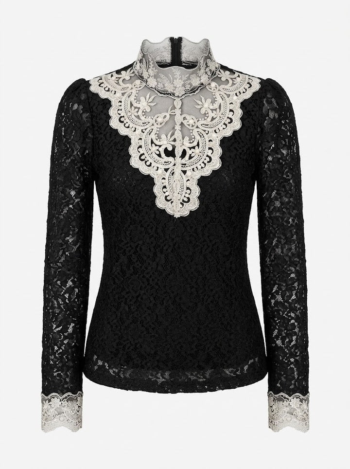 Kvinnors Broderad Spets Höghalsblus – Genomskinlig Långärmad Stil för Eleganta Tillfällen