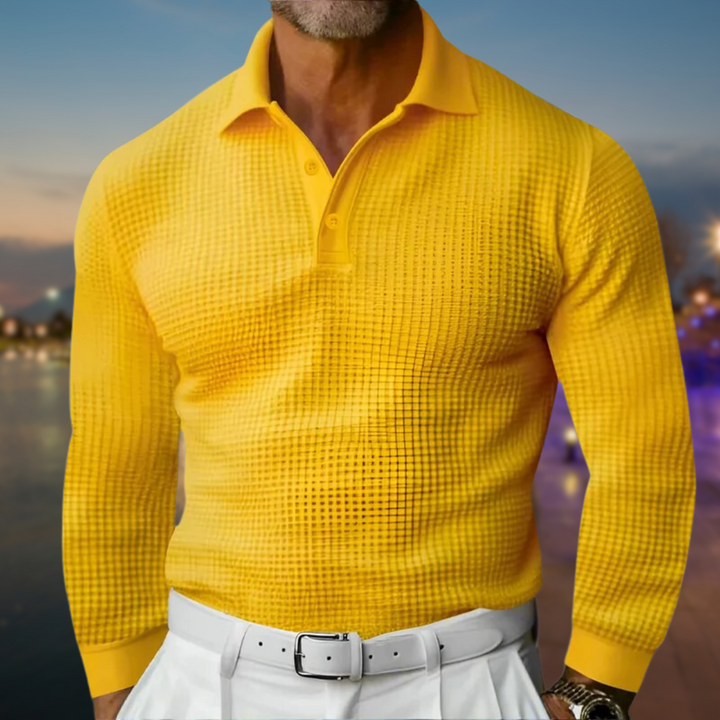 Herrtexturerad långärmad polo med knäppning