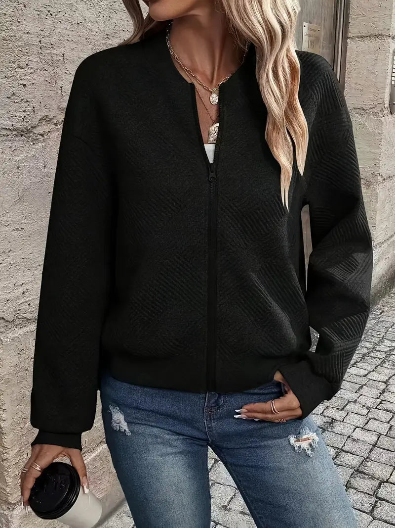 Kvinnors Texturerad Zip-Up Kofta – Avslappnad Stickad Lager för Vardags- och Reseklär