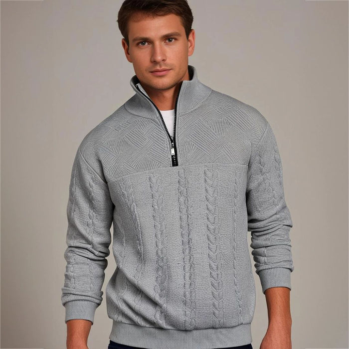Herrens Kabelstickad Halv Zip Tröja med Texturerad Yoke