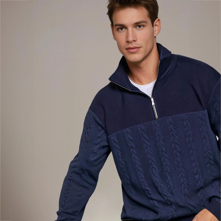 Herrens Kabelstickad Halv Zip Tröja med Texturerad Yoke