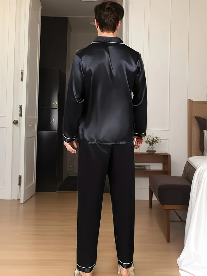 Herrens Pyjamas Set i Bomull och Siden – Slät Satin Sovkläder för Året Runt Komfort