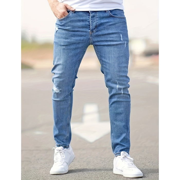 Herrens slitna slim fit stretch denimjeans