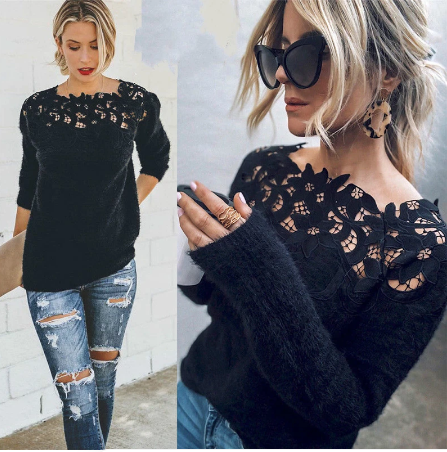 Kvinnors Stickad Tröja med Spetsdetaljer Elegant Blommig Urringning Mjuk Lätt Vikt Sweater