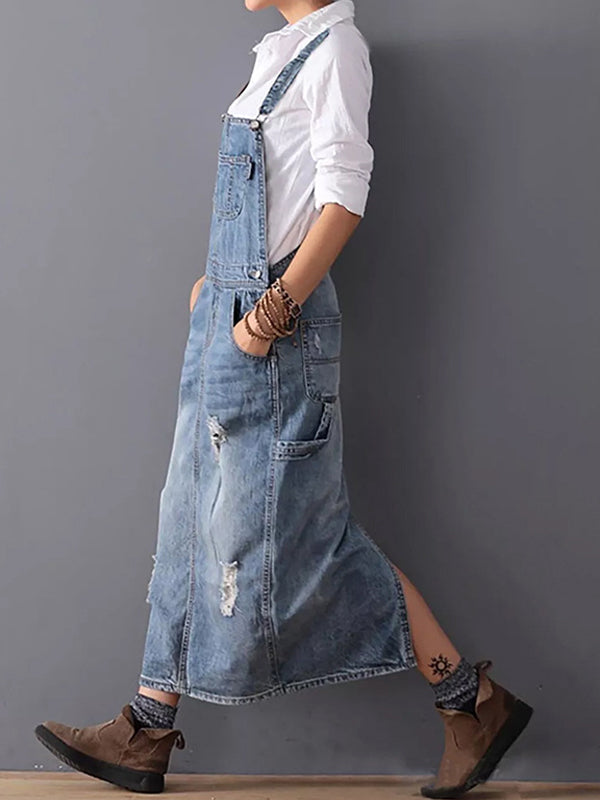 Kvinnors Sliten Denim Pinafore Maxi Klänning Med Fickor