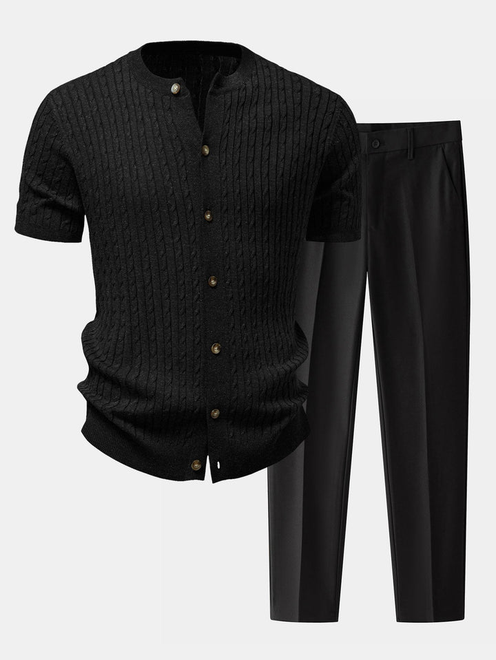 Herrens Kabelstickade Knappskjorta med Avsmalnande Byxor – Raffinerad Smart Casual Set