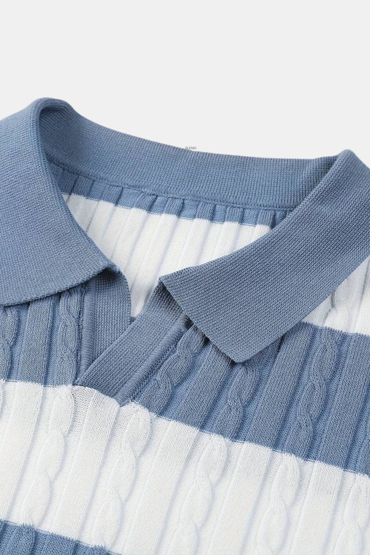 Herrstickad randig polo texturerad smart casual sommar skjorta