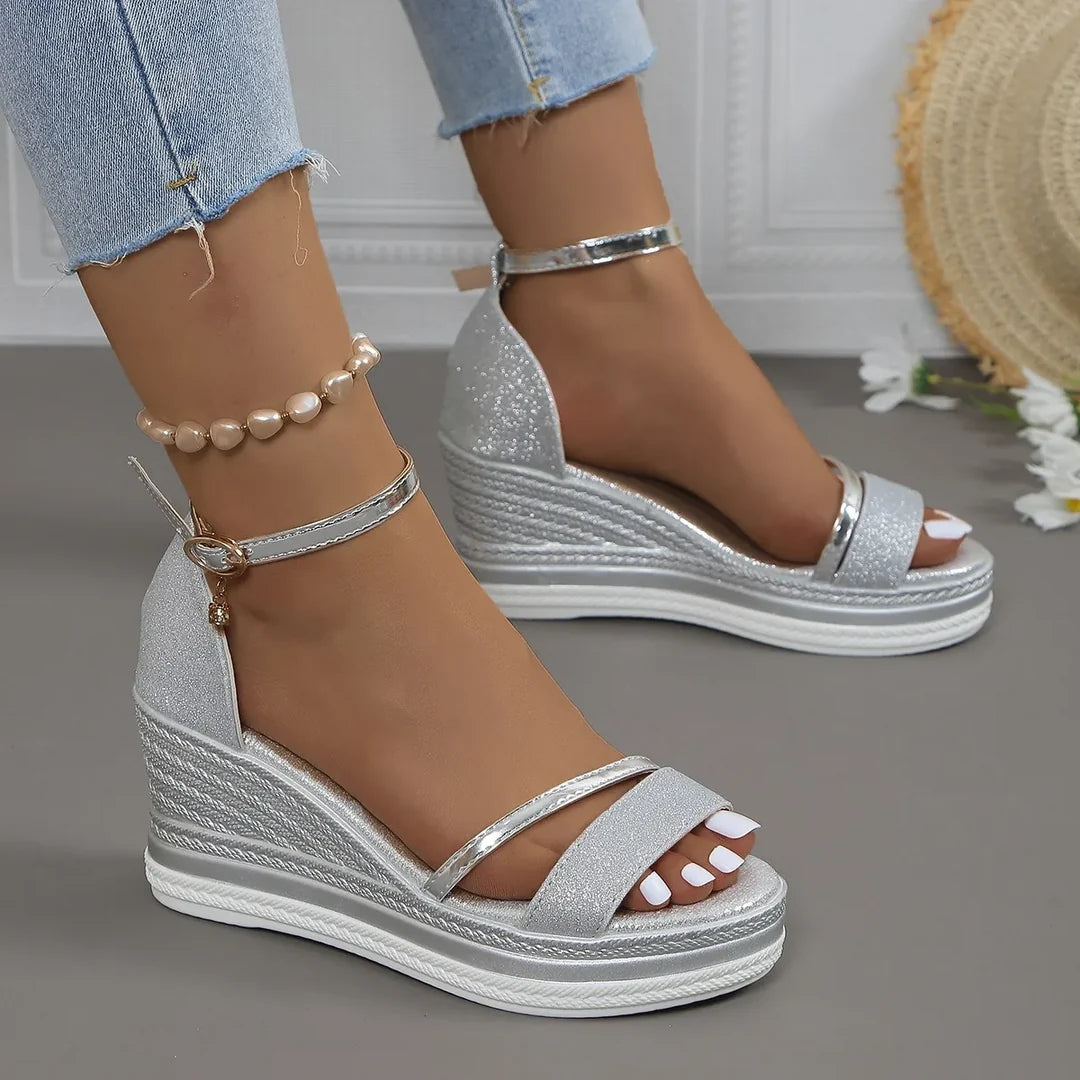 Kvinnors Glitter Plattform Wedge Sandaler – Ankelremsskor för Sommarevenemang