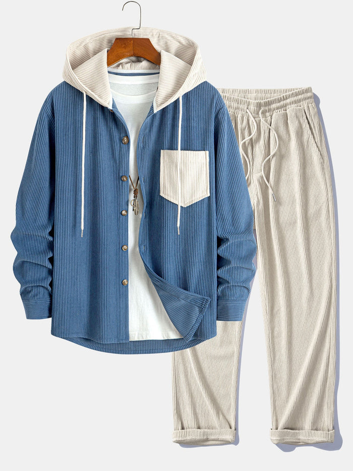 Herrars Corduroy Hooded Overshirt med Raka Byxor – Helglagringsoutfit