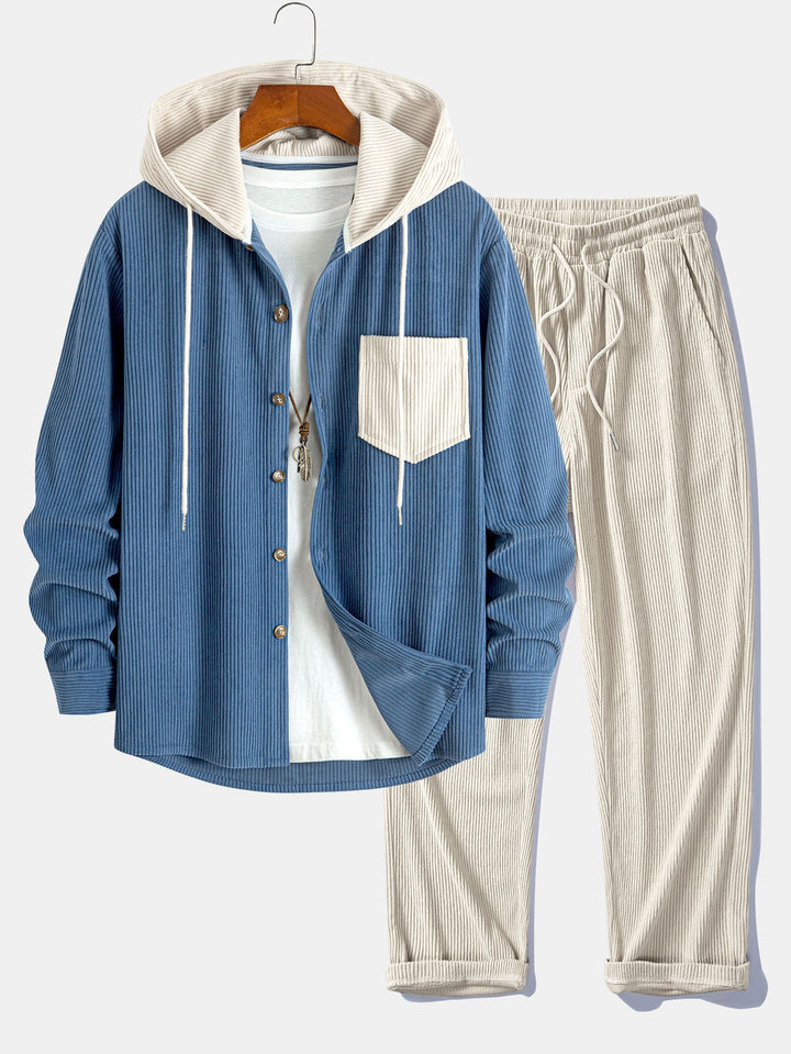 Herrars Corduroy Hooded Overshirt med Raka Byxor – Helglagringsoutfit