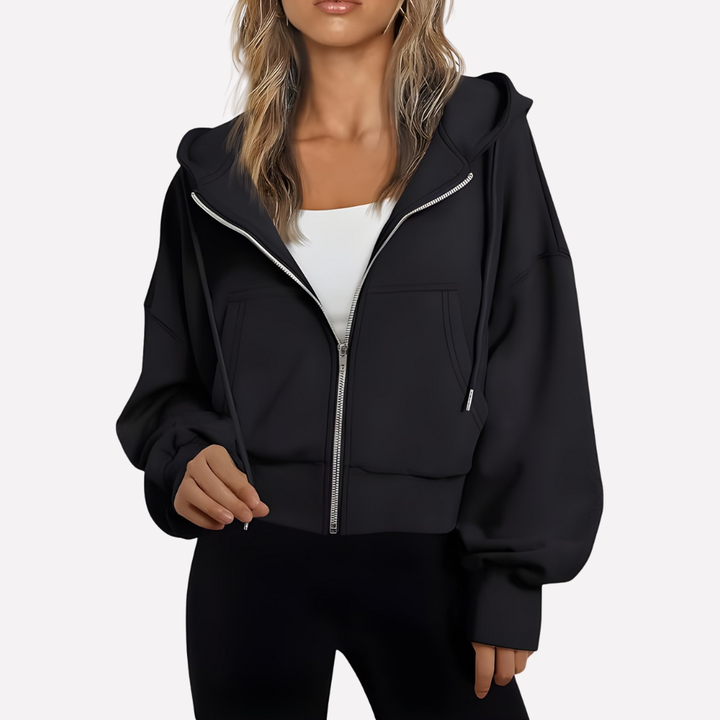 Dam Zip Hoodie Avslappnad Passform Croppad Dragkedja Jacka