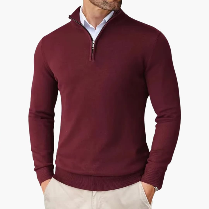 Herrars Quarter Zip Pullover Ribbad Nederkant Stickad Topp