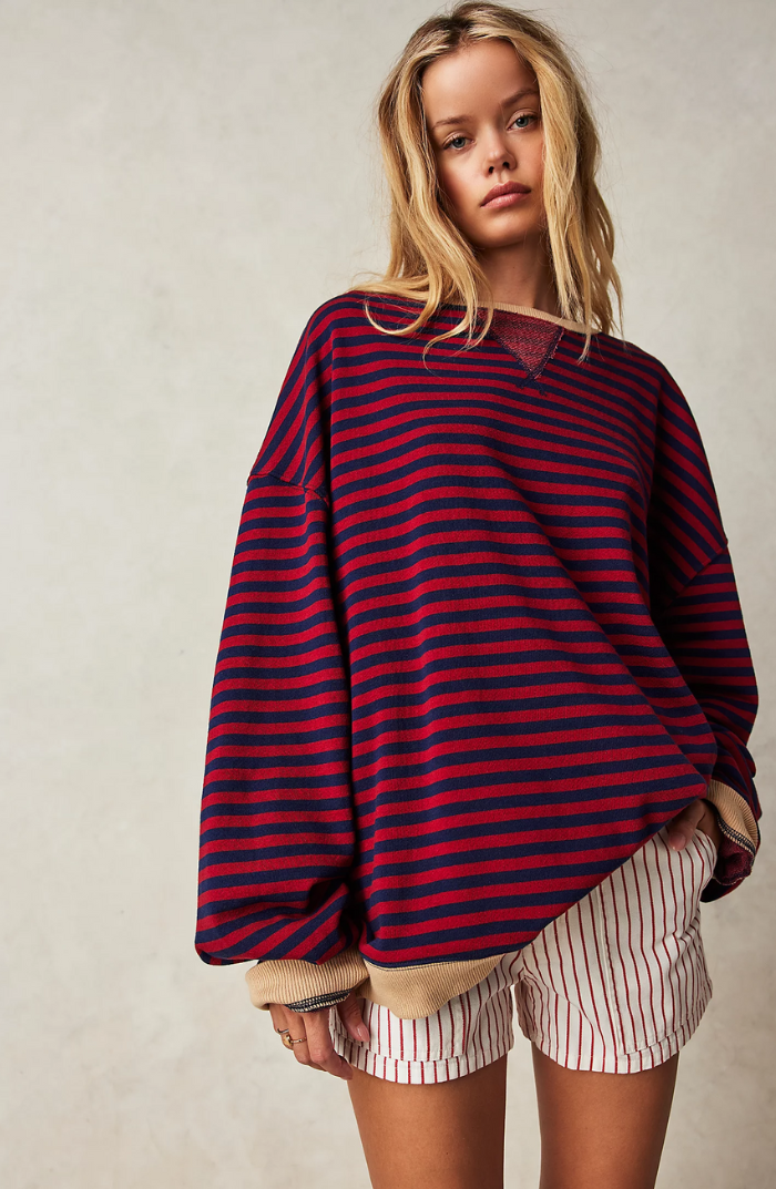 Kvinnors Oversized Randig Sweatshirt Avslappnad Ballongärm Pullover