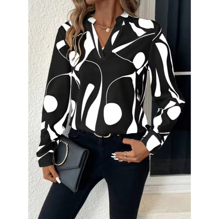Kvinnors Abstrakta Mönster V-ringad Blus – Avslappnad Långärmad Stil för Smart Casual Klädsel