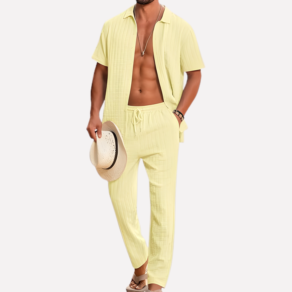 Herrars sommar co-ord set texturerad skjorta avslappnade byxor