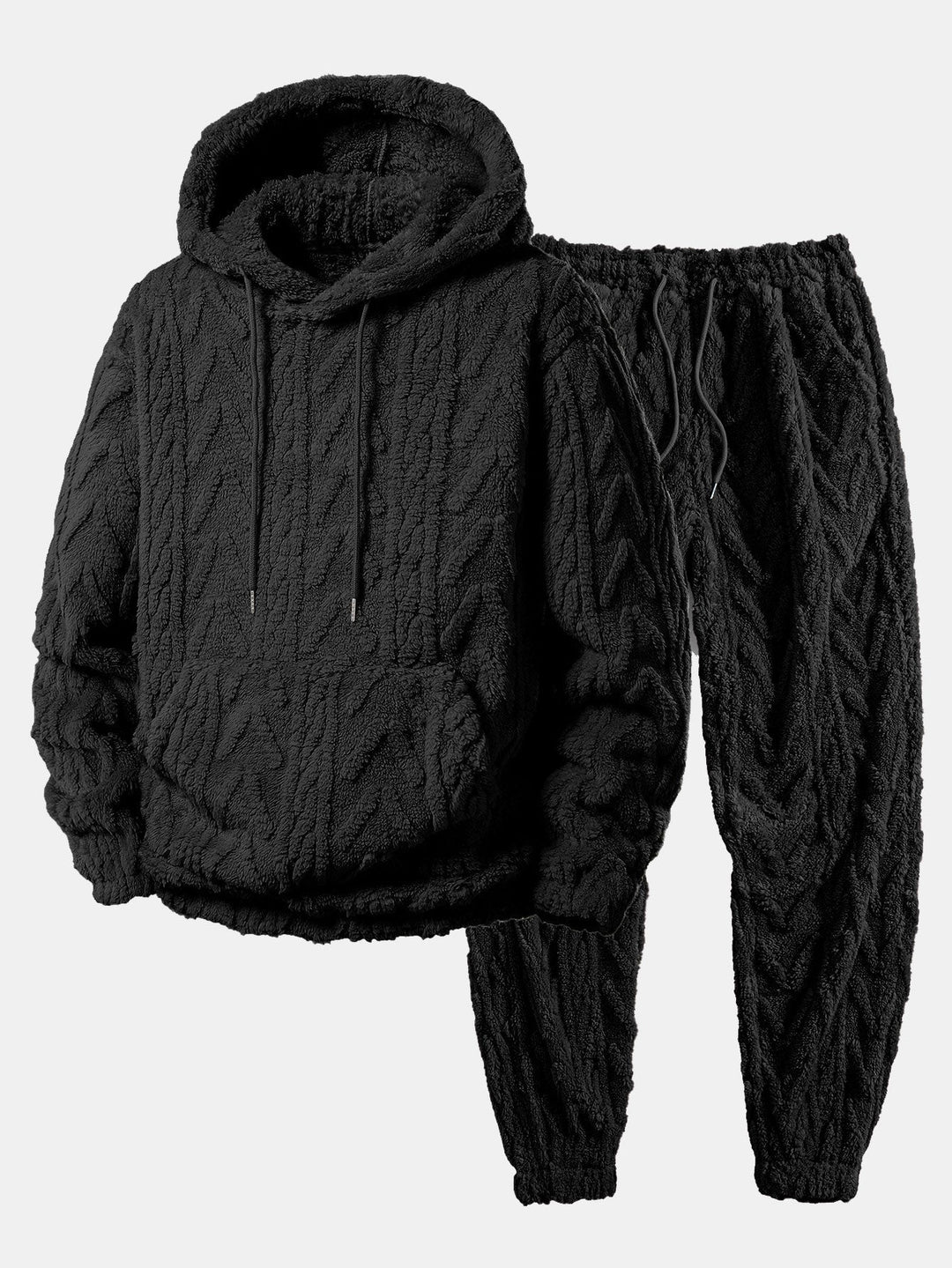 Herrens Teddy Fleece Tvådelade Set – Avslappnad Hoodie och Joggers för Kalla Dagar