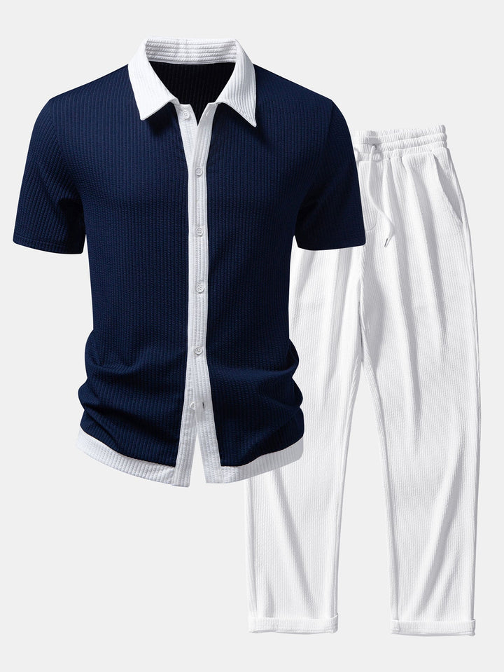 Herr Stretch Ribbad Skjorta och Raka Byxor Set för Smart Casual Klädsel