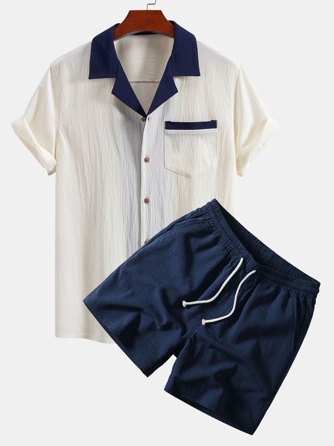 Herrens Krinklad Kubansk Krage Co-Ord – Lättviktig Skjorta och Drawstring Shorts