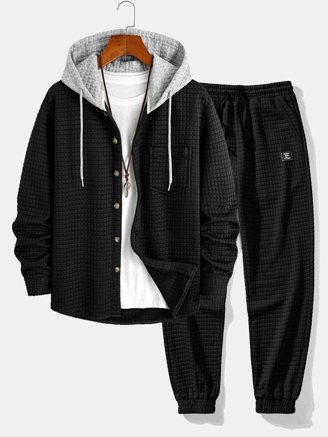Herr Waffle Huvtröja och Jogger Set – Texturerad Helg Casualwear