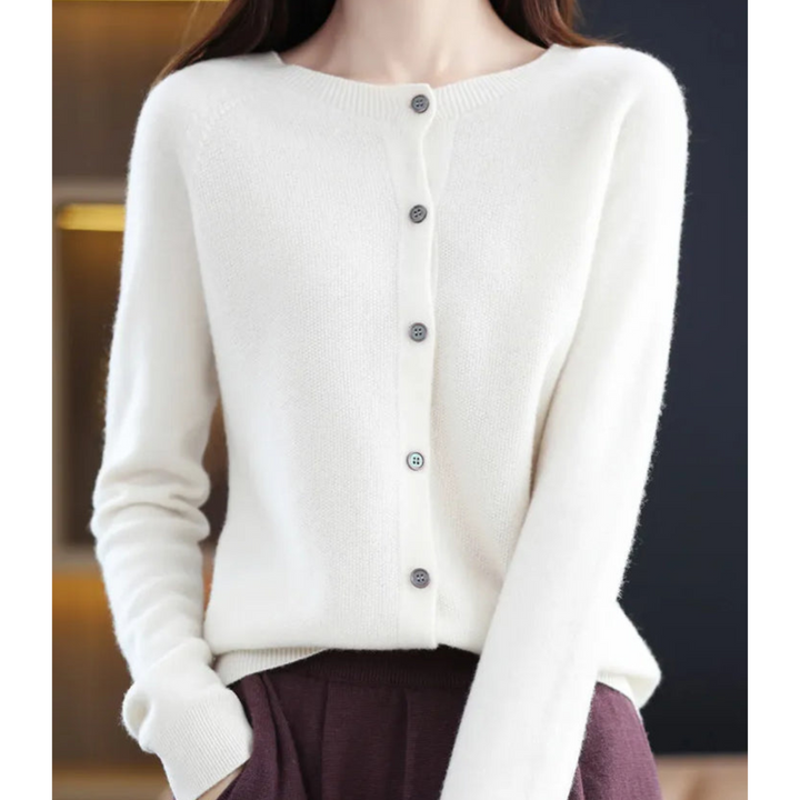 Lyxig Merinoull &amp; Cashmere Cardigan för Kvinnor – Elegant O-Hals Vinterstickad