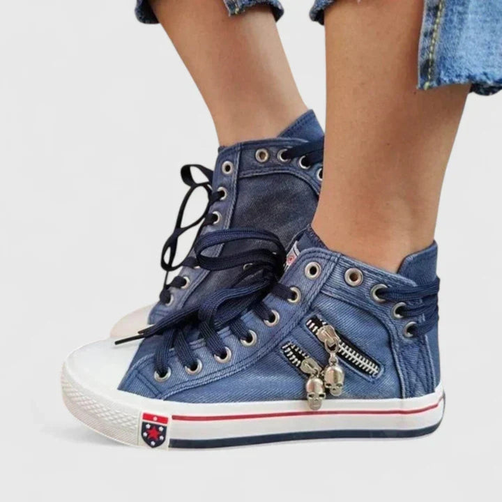 Kvinnors Denim Hög-Top Sneakers – Snörning Casual Sneakers med Sidodragkedja