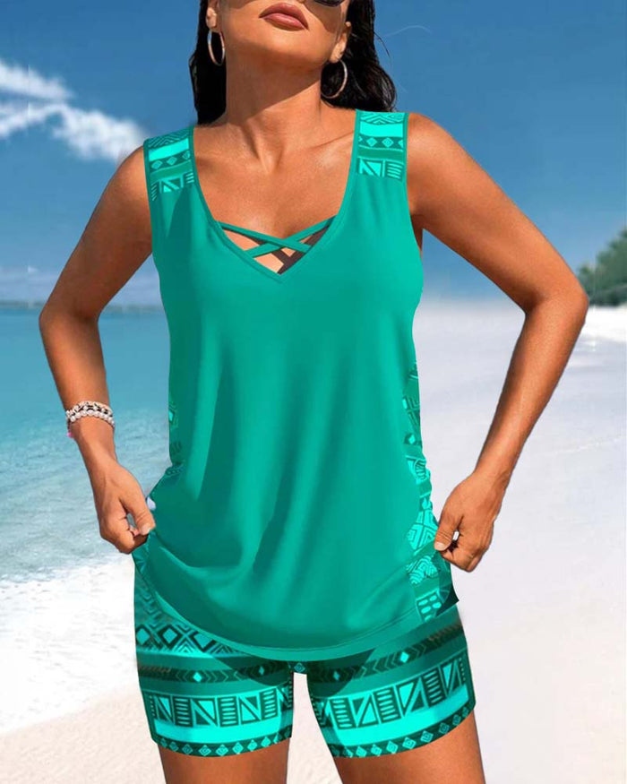 Kvinnors Tankini Baddräkt Med Korskors Nacke Tryckt Tvådelad