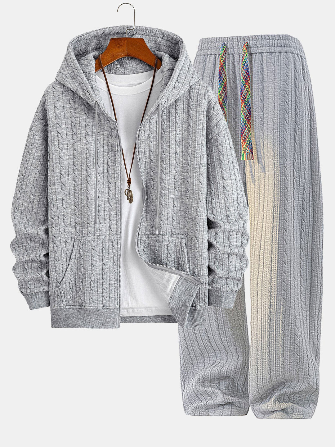 Mäns Texturerad Zip Hoodie Träningsdräkt – Jacquard Raka Ben Set för Kallväder Avslappnad Användning