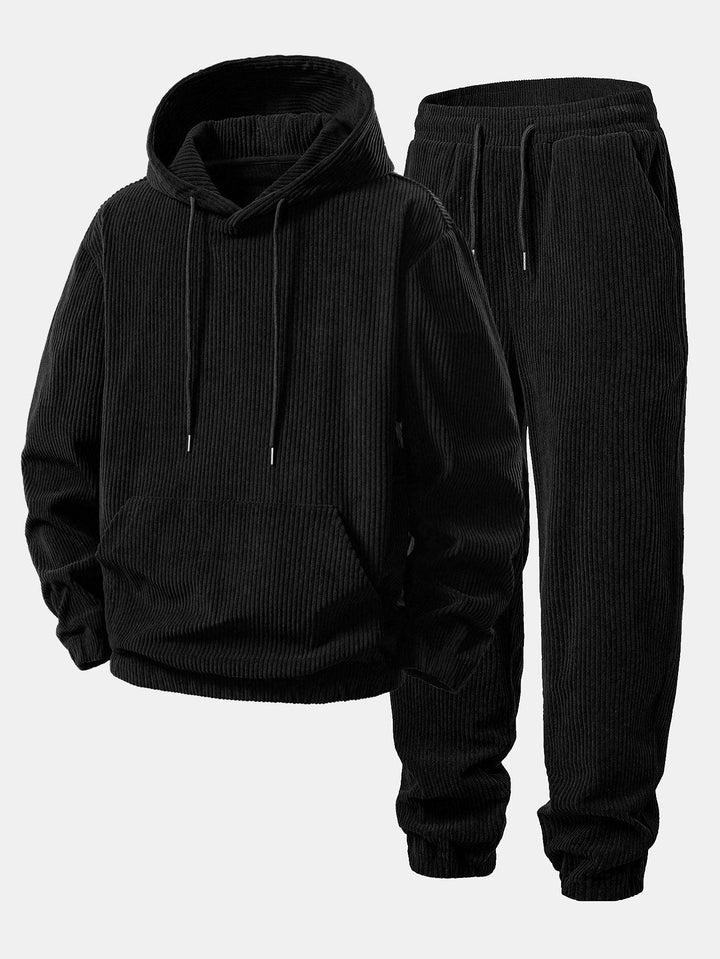 Herrens Ribbade Kordfløyels Träningsdräkt – Avslappnad Hoodie och Taperade Joggers för Höstresor