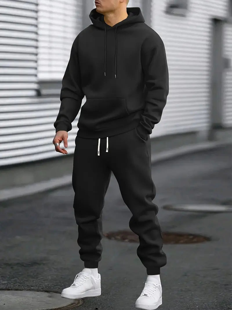 Herr Hoodie och Joggers Set – Avslappnad Tvådelad Träningsoverall för Resor och Fritid