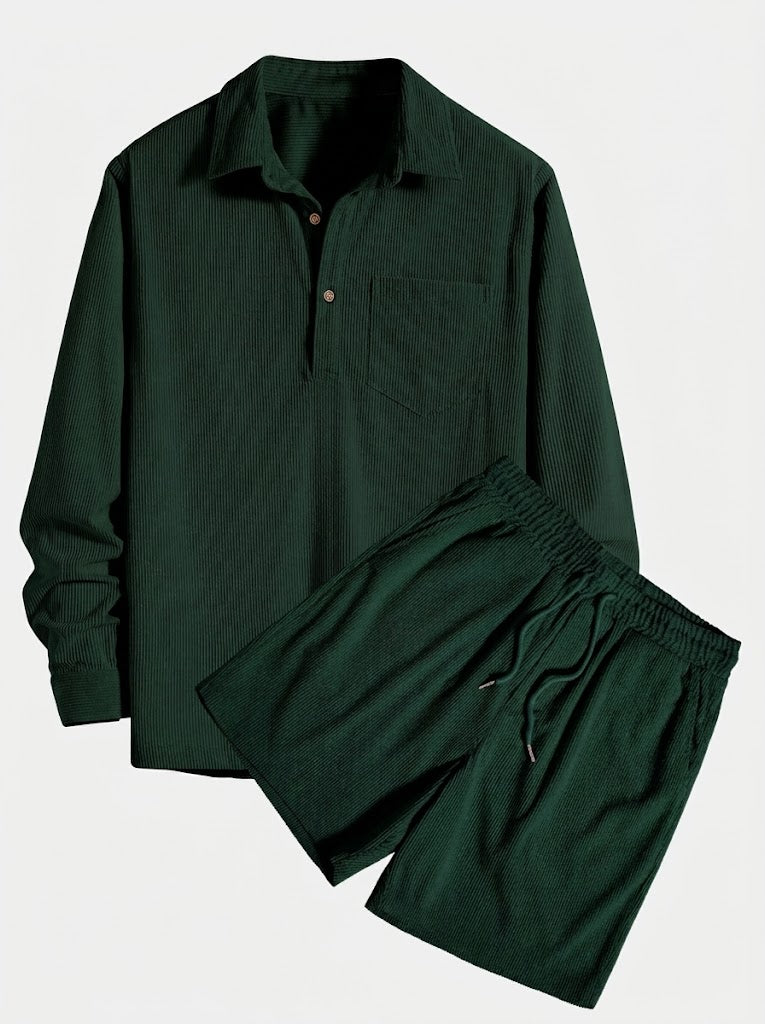 Mans Corduroy Långärmad Skjorta och Shorts Set – Texturerad Övergångs Casualwear