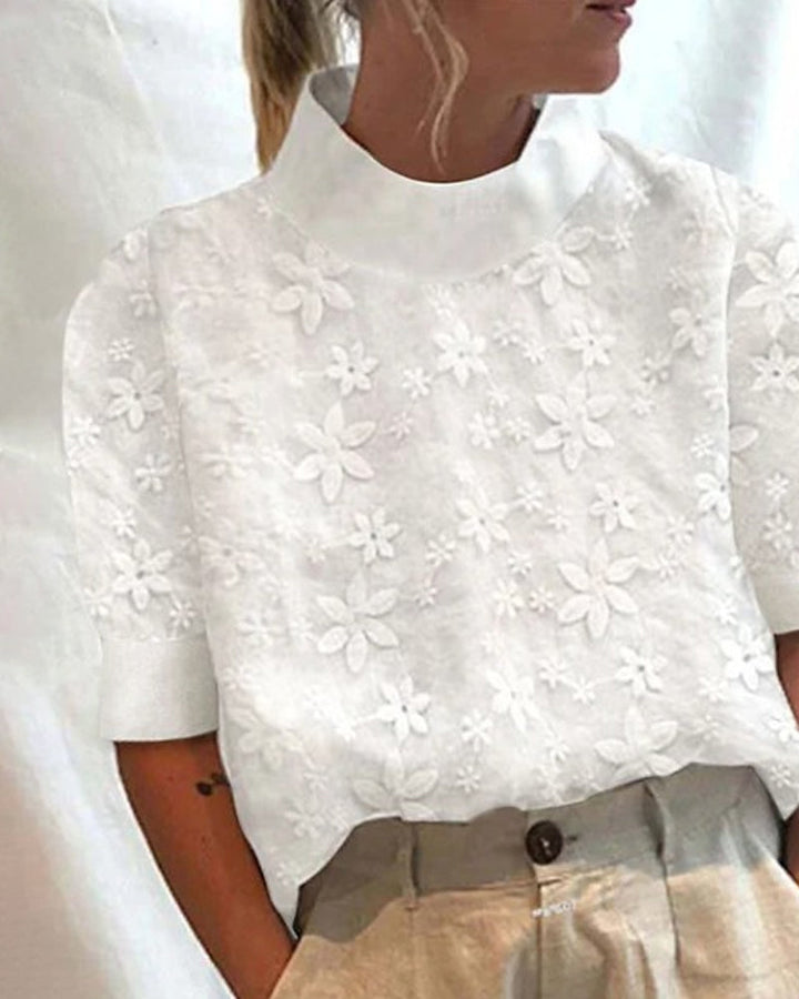 Kvinnors Broderad Hög-Hals Blus – Blommig Kortärmad Stil för Elegant Vardagsbruk