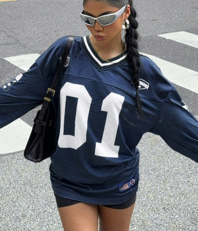 Dam Jersey T-shirt Lång Ärmar Oversized Streetwear Top