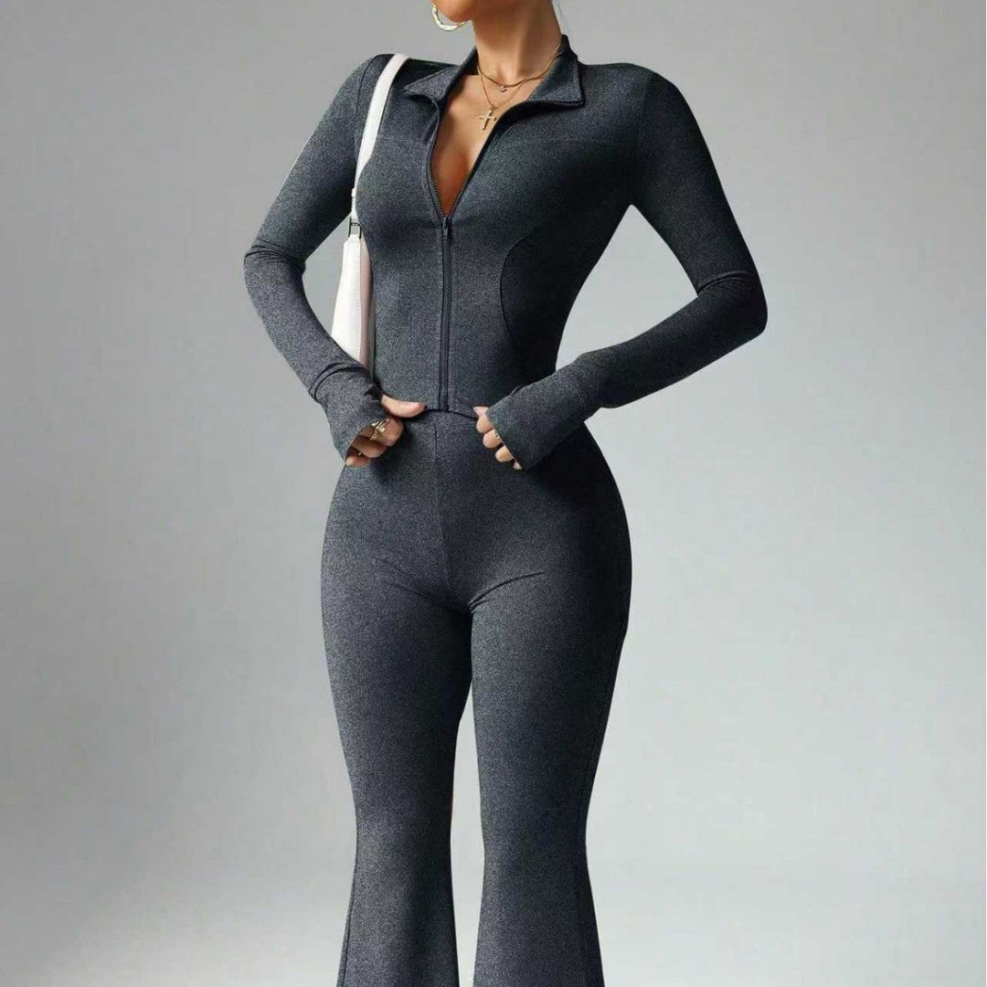 Kvinnors Zip Front Activewear Set Flared Trouser Fit