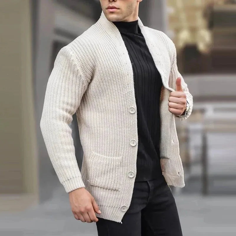 Herrens avslappnade stickade cardigan med fickor – Lätt urban lager för arbete och helgkläder