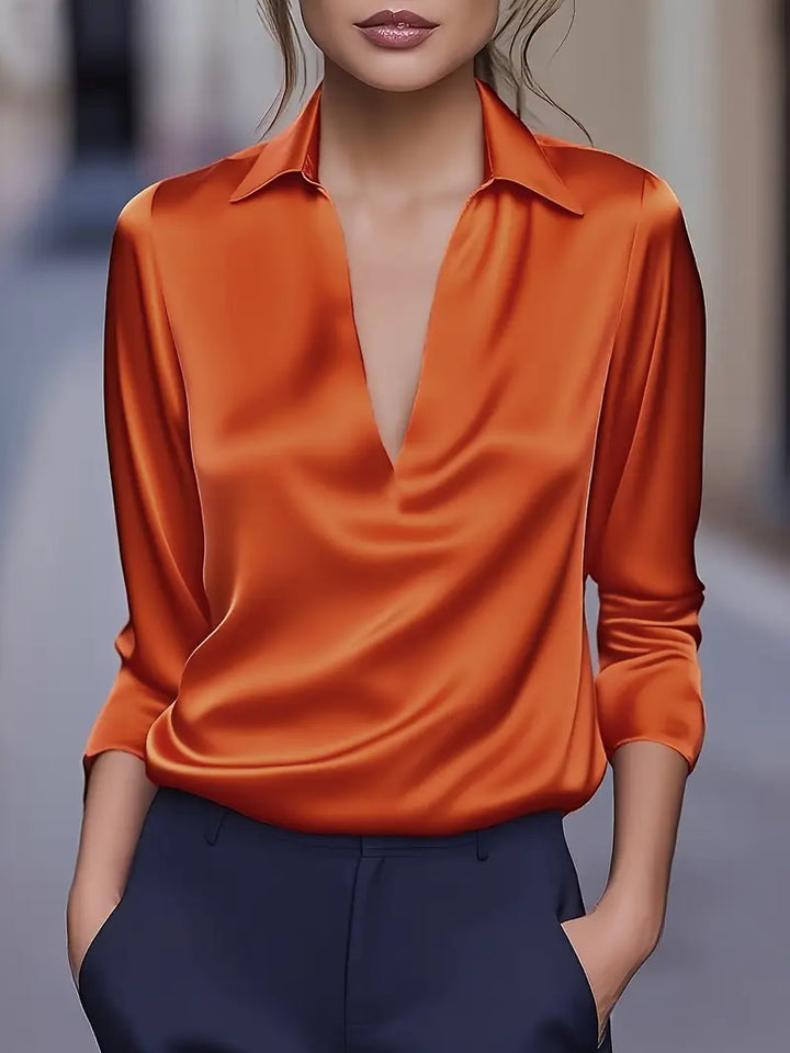 Kvinnors Satin V-ringad Blus Draperad Krage Elegans