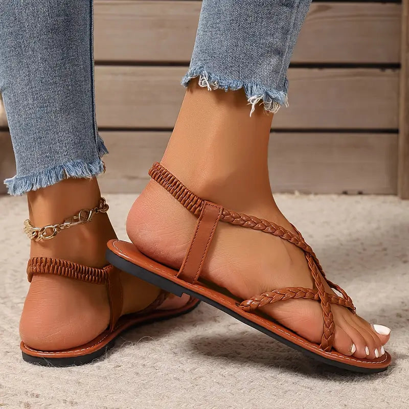 Kvinnors Flata Sandaler med Flätade Remmar – Säkra Remskor för Vår- och Sommarsvandringar